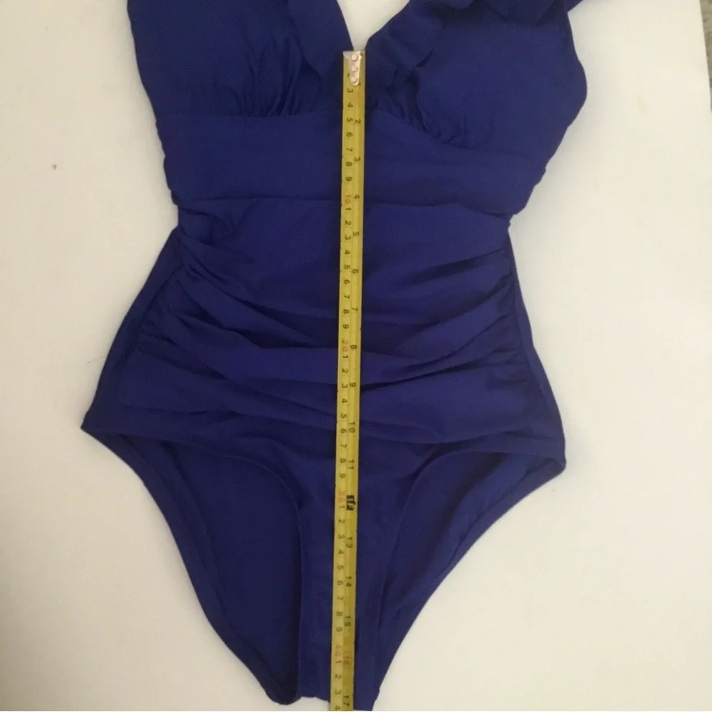 DKNY XS One Piece Blue Bathing Suit Underwire Ruching Swimsuit Swim Ruffle NWOT - Picture 6 of 13